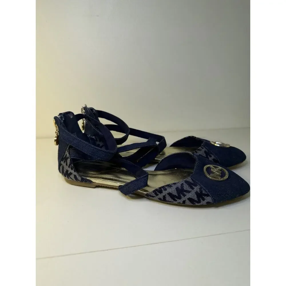 Michael Kors Denim Flats Girls 3 Navy MK Logo Monogram Strappy Point Toe Shoes
